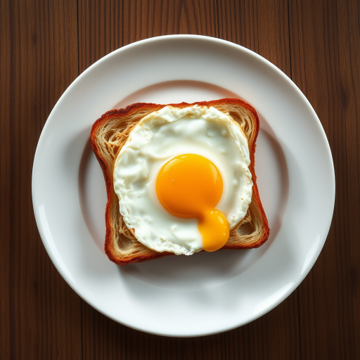 Create an image of a fried egg on a piece of toast presented on a white plate, captured from a top-down view using a DSLR camera with a 50mm lens, aperture set to f/2.8, ISO 100, and natural lighting to enhance detail and color vibrancy.