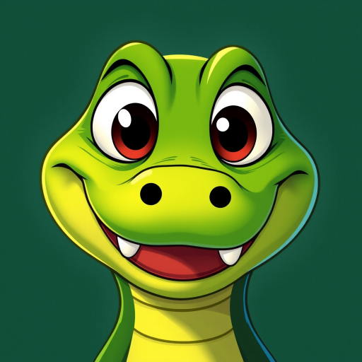 create a cartoon-style illustration of a green alligator head with large eyes, a big smile, and a playful expression, use a bright, vivid color palette, shot with a Canon EOS R5, 50mm lens, f/1.8 aperture, ISO 100, in a soft focus style.