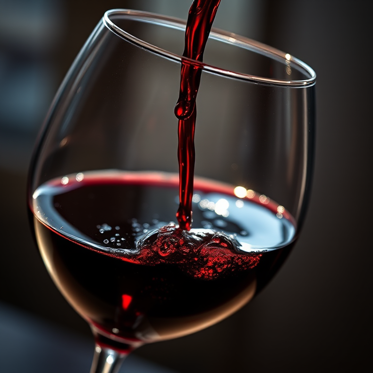 Sharp, detailed close-up of a glass of red wine being poured, soft sunlight reflecting off the liquid, tiny bubbles forming in the glass, the smell of oak and grapes lingering in the air, and a sense of elegance captured.