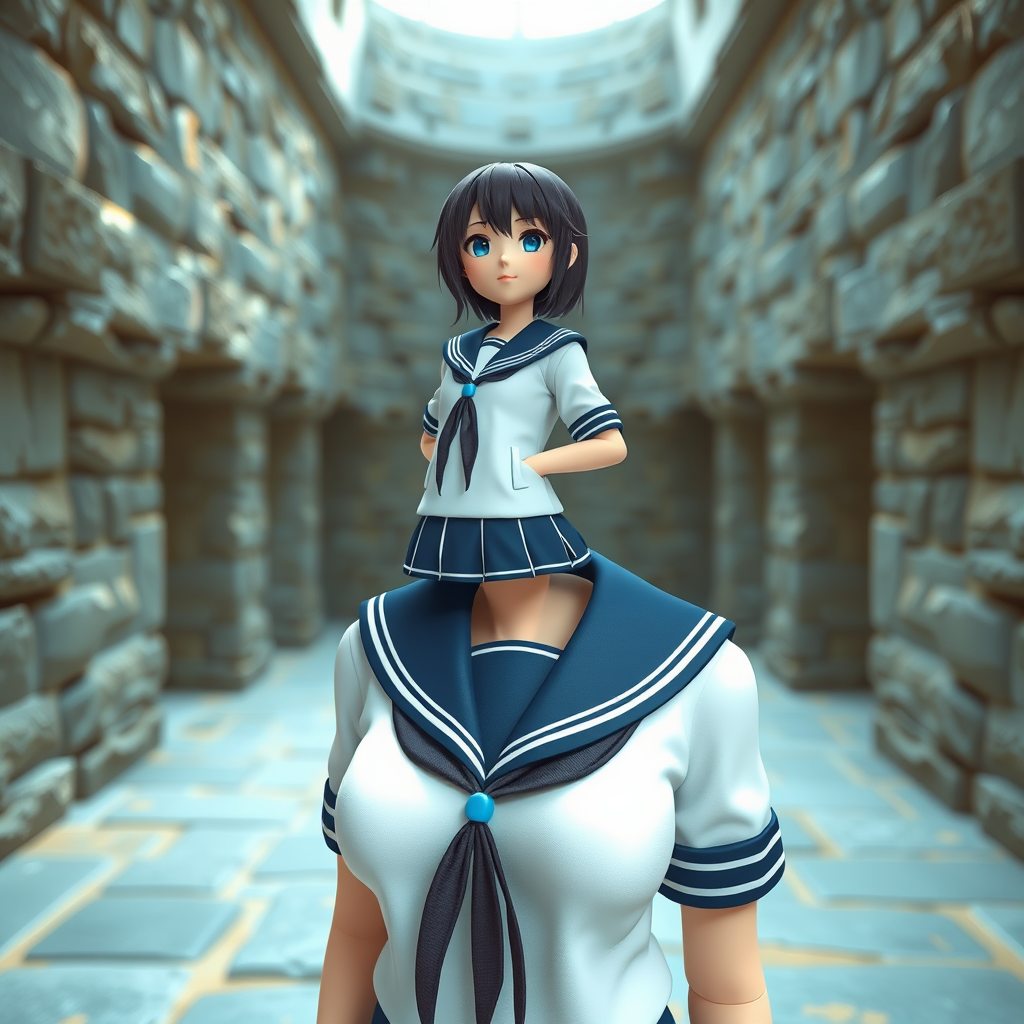 Generate a realistic 3D model of a female character in a sailor uniform, positioned in a well-lit stone room with a slight upward angle, using a DSLR camera at f/2.8 aperture, ISO 100, 50mm focal length, with soft focus and high dynamic range to enhance image quality.
