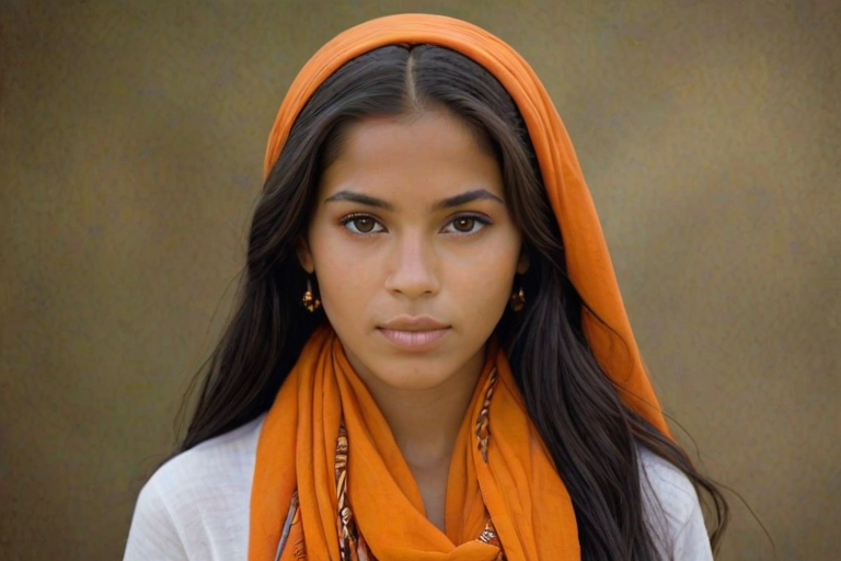 Create a portrait of a young Taino female with long, dark hair and captivating hazel eyes. She is wearing a orange headscarf and a matching scarf draped gracefully around her neck. The background is softly blurred, focusing attention on her serene and natural expression. The overall color palette is muted and warm, enhancing the intimate and authentic feel of the portrait.