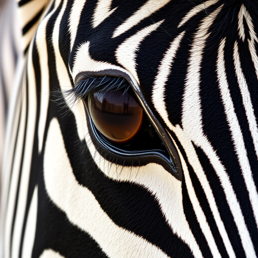 Close-up of a zebra’s face, focusing on its eye. The zebra’s distinctive black and white stripes are prominent, with its large brown eye showing detailed lashes and a slight reflection. The texture of the zebra’s skin and fur is visible, creating a sharp contrast between the dark and light stripes.