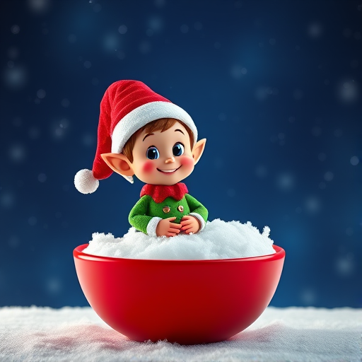 Create a high-resolution 3D render of a cheerful cartoon elf wearing a red Santa hat and a green and blue outfit, standing on a fluffy white surface inside a bright red bowl, set against a starry night sky background, using a DSLR camera with a 50mm lens, aperture f/1.8, ISO 100, and soft lighting for enhanced detail and vibrancy.