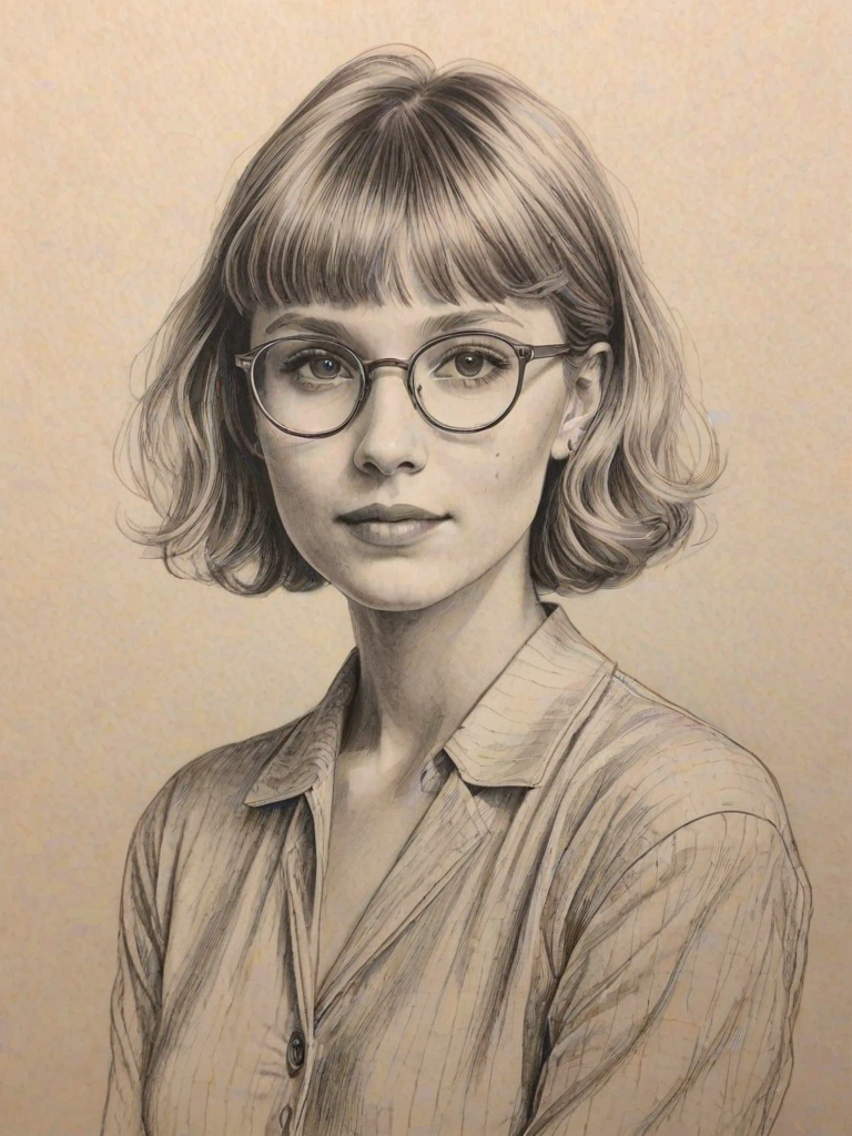 Wonderful Grace VanderWaal, pencil sketch, portrait of Superb woman 1946s in glasses, hair style beatnik, outline, clear lines, fine lines, 8k