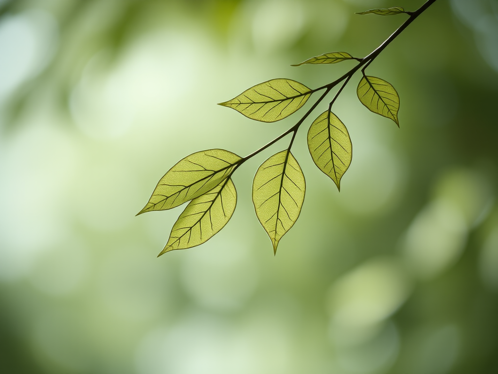 create a minimalist image of simple outlined leaves on a soft, blurred bokeh background, using a DSLR camera with a 50mm lens, aperture set to f/2.8 for a shallow depth of field, ISO 100, and a slight vignette effect to enhance focus on the leaves