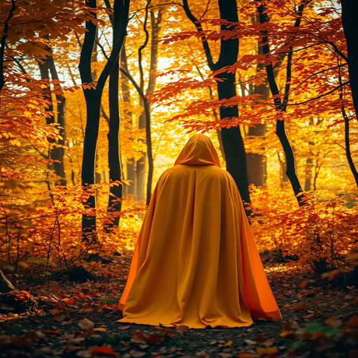 A mysterious figure in a flowing yellow cloak stands in an enchanted forest filled with vibrant autumn leaves, golden sunlight filtering through the trees, captured with a Canon EOS R5, 50mm lens, f/1.8 aperture, ISO 200, and soft focus for a dreamlike effect.