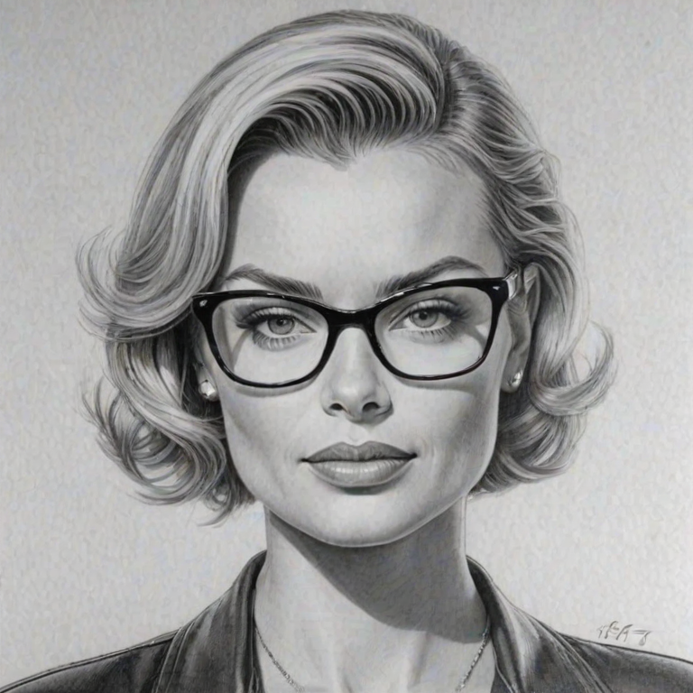 Charming Jaime Pressly, pencil sketch, portrait of Superb woman 1950s in glasses, hair style beatnik, outline, clear lines, fine lines, 8k
