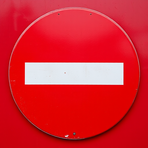 Generate a high-resolution image of a red prohibition sign with a horizontal white bar in the center, using a DSLR camera with a 50mm lens, aperture set to f/2.8, ISO 100, capturing from a straight-on view with a shallow depth of field.