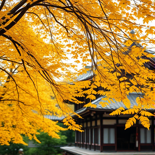 autumn landscape featuring vibrant yellow ginkgo leaves falling from trees, traditional Japanese architecture in the background, taken with a Canon EOS R5, 50mm lens, aperture f/1.8, ISO 100, shot from a low angle to emphasize the leaf canopy and create a dreamy depth of field