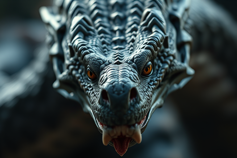Create a highly detailed 3D rendering of a dragon-like serpent with intricate scales and fierce expression, shot with a Canon EOS 5D Mark IV, using a 85mm f/1.4 lens, at ISO 100, aperture f/8, with soft diffused lighting and a shallow depth of field to enhance texture and detail while maintaining a dramatic focus on the creature's face.