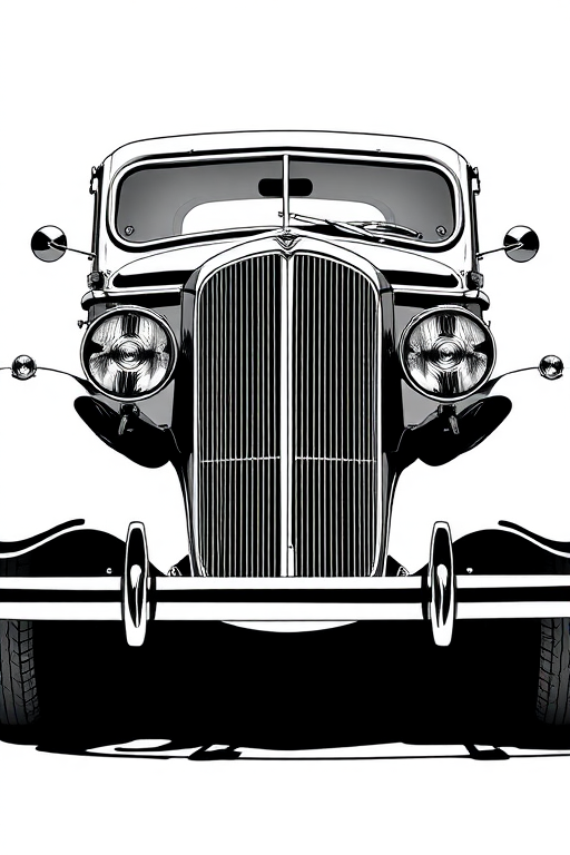 regenerate a classic black and white illustration of a vintage car, front three-quarter view, 50mm lens, aperture f/8, ISO 100, natural lighting, high contrast, sharp detail