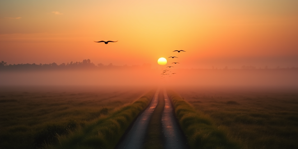 capture a serene sunrise landscape with a path through a misty field, featuring silhouettes of birds in flight, using a Canon EOS R5, 24mm f/1.4 lens, ISO 200, aperture f/2.8, shutter speed 1/200 sec, soft focus style