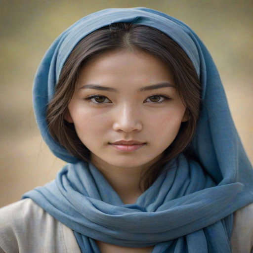 Create a portrait of a young Mongolian woman with long, dark hair and captivating hazel eyes. She is wearing a blue headscarf and a matching scarf draped gracefully around her neck. The background is softly blurred, focusing attention on her serene and natural expression. The overall color palette is muted and warm, enhancing the intimate and authentic feel of the portrait.