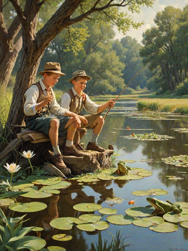 Imagine a small group of old fashioned young boys out fishing by the creek, a swing hanging from a tree branch, reeds and grasses by the water's edge, a frog sitting on a lily pad, dragonflies hovering over som water plans, a very iconic old fashioned scene reminiscent of a Norman Rockwell painting style
