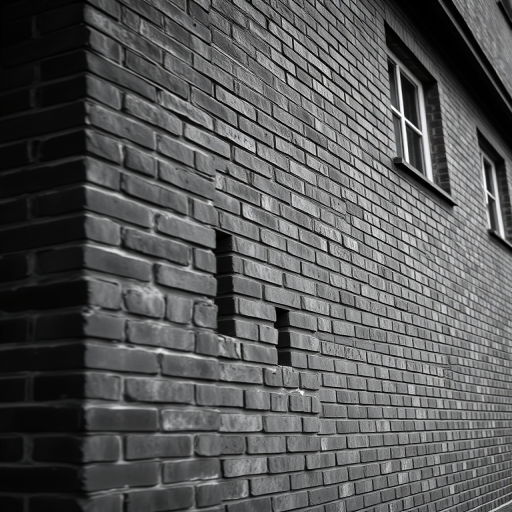 photograph of a textured brick wall with windows in black and white, captured with a Canon EOS 5D Mark IV, aperture f/8, shutter speed 1/125s, ISO 200, shot from a low angle to emphasize the height and details of the bricks, using a wide-angle lens for depth.