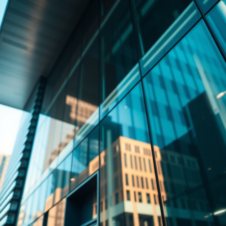 urban architecture close-up, modern glass building reflections, soft natural light, 50mm lens, f/8 aperture, ISO 200, 1/125 sec, taken from a low angle, wide angle view, DSLR camera