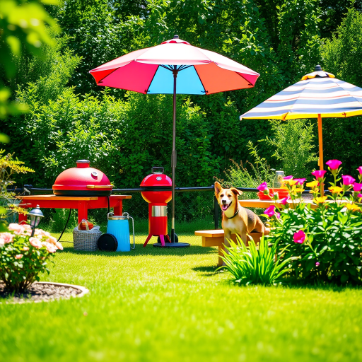 Create a vibrant garden scene featuring a picnic area with a red grill, colorful umbrella, and a playful dog, captured in a bright afternoon light using a DSLR camera with a 50mm lens at f/2.8, ISO 100, and a slight tilt-shift effect for depth, emphasizing the lush greenery and cheerful atmosphere.