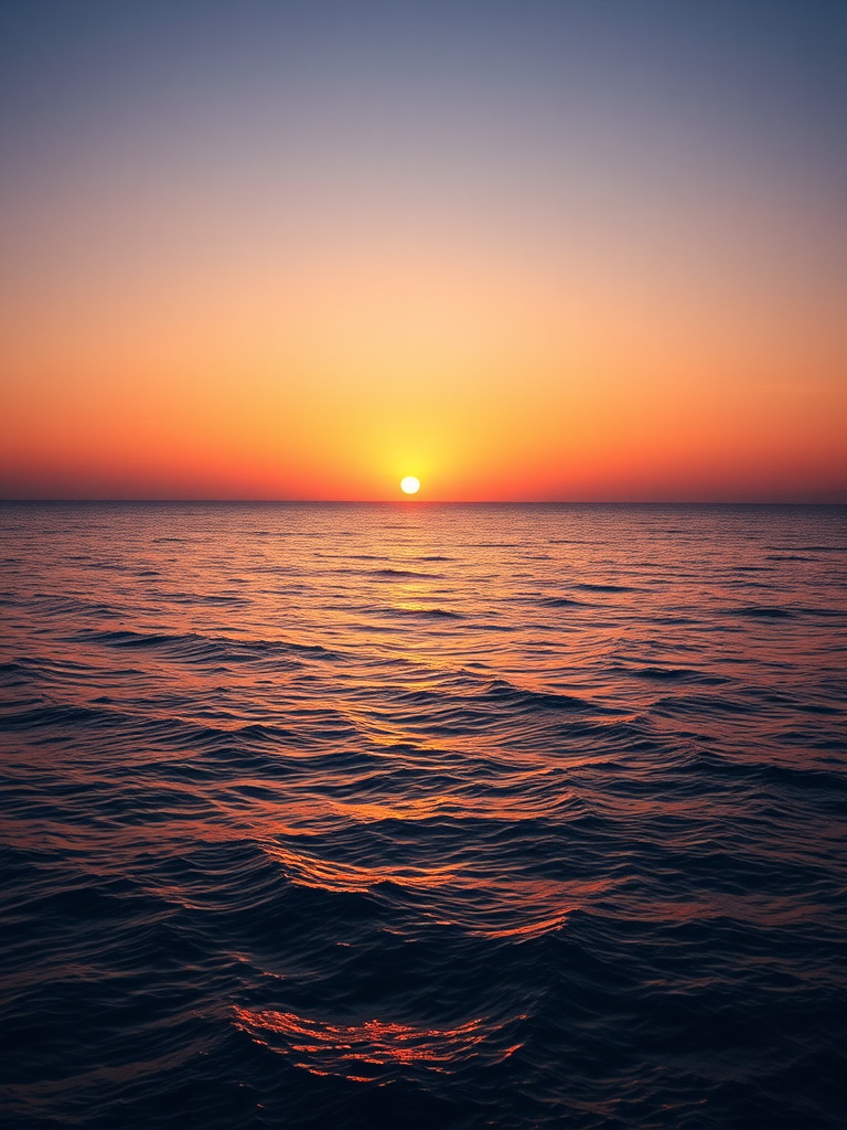 Create a high-resolution image of a beautiful sunset over a calm ocean, captured with a DSLR camera, 50mm lens, f/1.8 aperture, ISO 100, 1/200 sec shutter speed, in landscape view, utilizing natural lighting for enhanced color vibrancy.