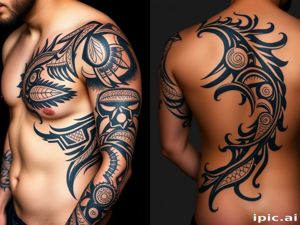Tribal fusion tattoo named "Ancient Echo" blending traditional Polynesian and Maori motifs with contemporary design elements, creating a bold and striking pattern that flows with the contours of the body