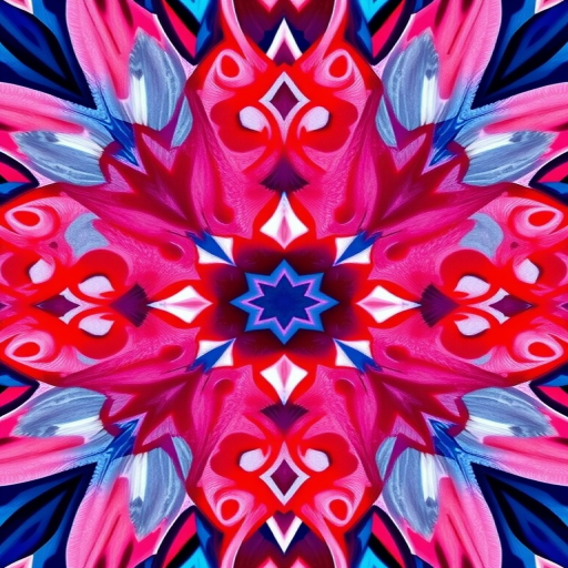 Create a high-resolution abstract pattern featuring alternating red, blue, and pink designs in a symmetrical arrangement, using a DSLR camera with a 50mm lens, f/2.8 aperture, ISO 100, and a 1/125 sec shutter speed for sharp detail and vibrant color contrast.
