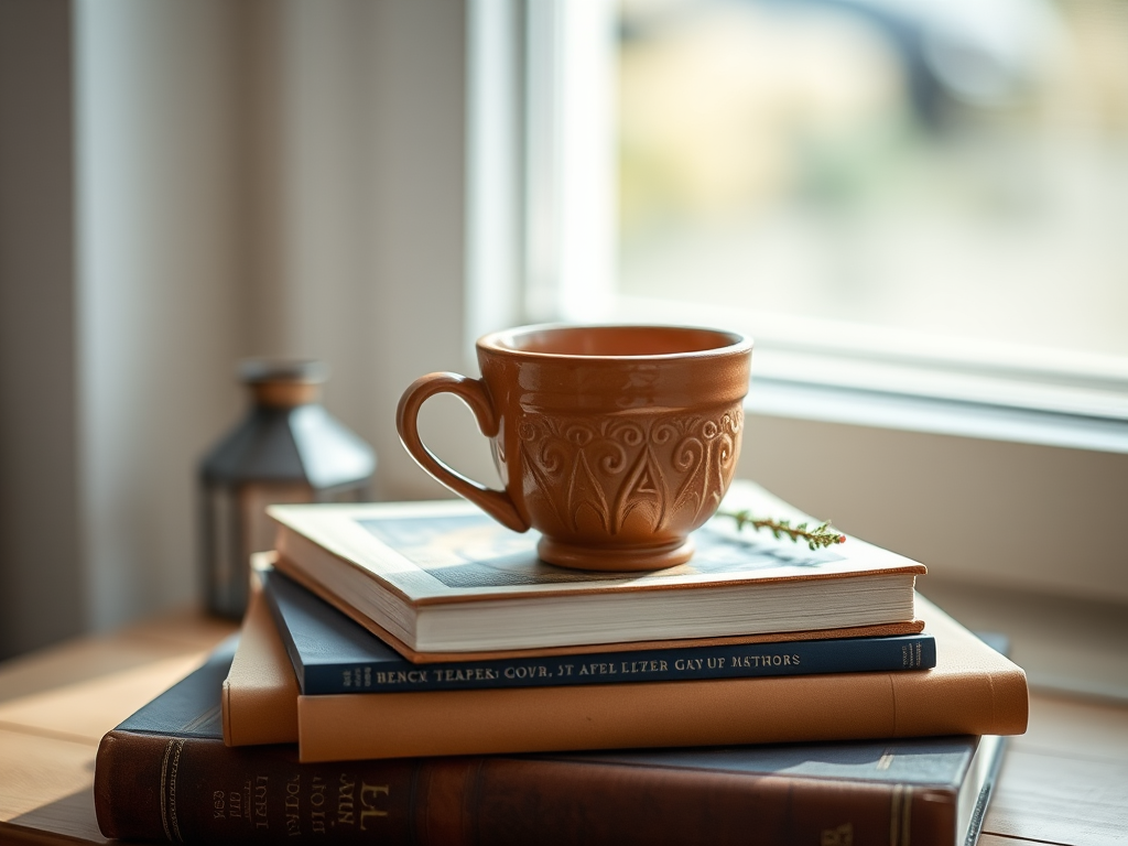 cozy still life of a clay cup on a stack of books, soft natural lighting from a window, shallow depth of field, 50mm lens, f/1.8 aperture, ISO 200, shot at eye level with a DSLR camera