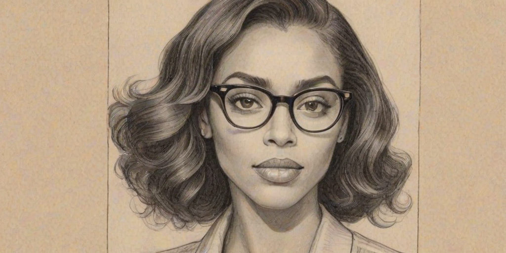 Alluring Marsha Thomason, pencil sketch, portrait of Attractive woman 1933s in glasses, hair style beatnik, outline, clear lines, fine lines, 8k
