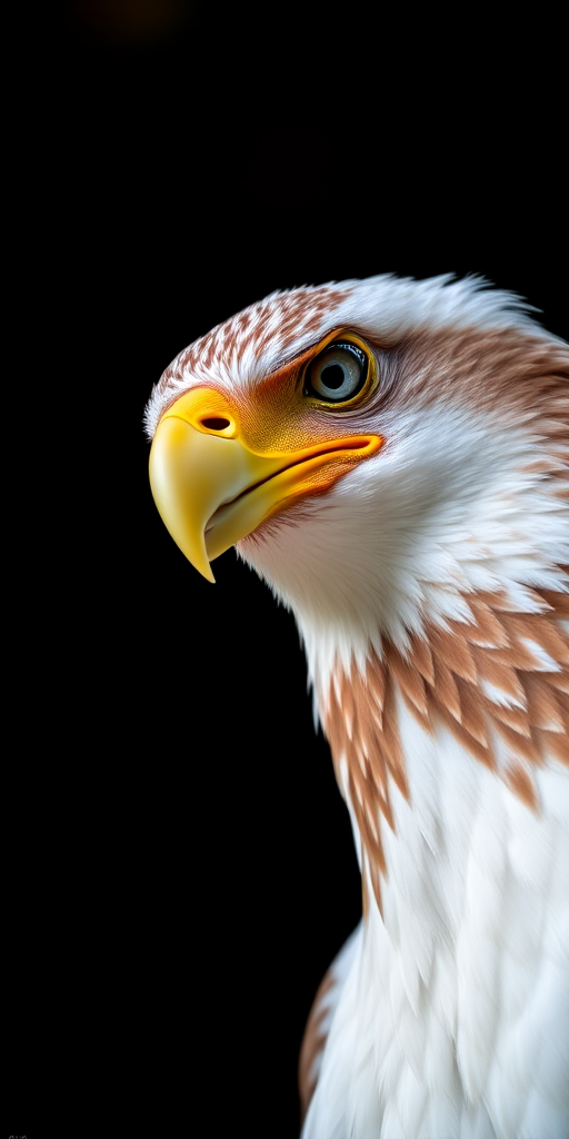 Capture a close-up portrait of a fish eagle with a rich, dark background, using a DSLR camera, 85mm lens, aperture f/2.8, ISO 200, and a shutter speed of 1/500 seconds to enhance the sharpness and detail of the feathers and eyes.