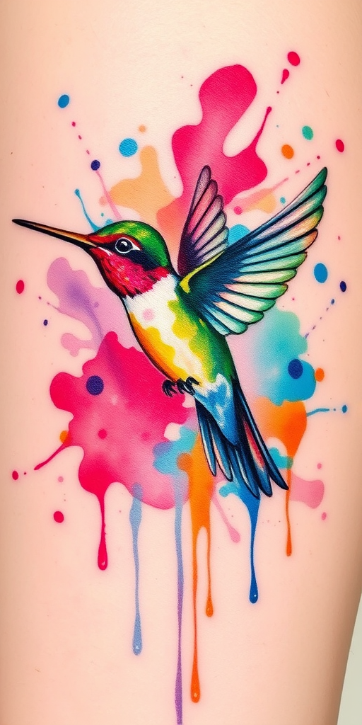 Watercolor splash tattoo named "Chromatic Hummingbird" depicting a hummingbird in flight surrounded by abstract splashes and drips of vibrant colors, creating a sense of movement and energy