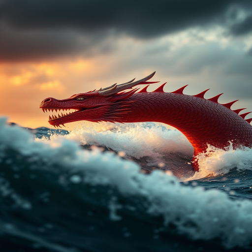 capture a dramatic image of a fierce red dragon with intricate scales and a fierce expression emerging from tumultuous waves under a moody sky, golden hour lighting, shot with a Canon EOS R5 at f/2.8, ISO 100, 50mm lens, using a low angle for a dynamic perspective and enhanced detail