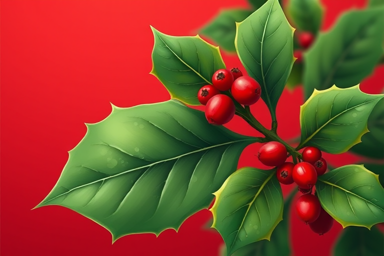 Create an illustration of a holly leaf with red berries against a vibrant red background, using a digital art style, with high-resolution settings of 300 DPI, a focus of f/2.8 for a soft background blur, and a view from a slightly angled perspective.