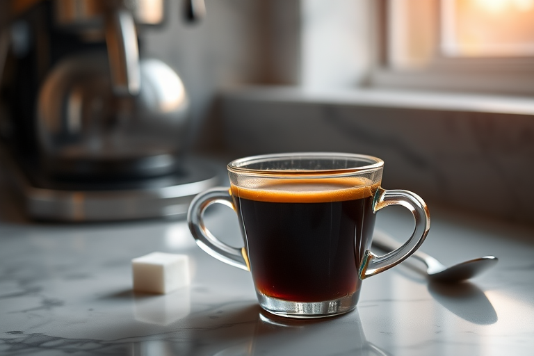 Close-up of a freshly brewed cup of espresso resting on a marble countertop, soft natural light from a nearby window illuminating the rich crema, with a sugar cube and spoon softly blurred in the background.