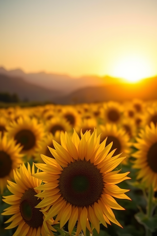 Sharp, detailed close-up of a sunflower field at sunset, soft golden light illuminating the vibrant yellow petals, with distant mountains casting long shadows across the landscape.