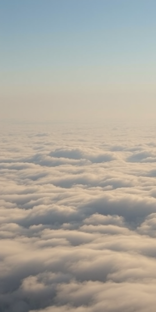 Create a serene landscape of soft, rolling clouds under a hazy sky, captured with a DSLR camera at f/8 aperture, ISO 100, 1/250 sec shutter speed, using a wide-angle lens from a high vantage point to enhance depth and clarity.