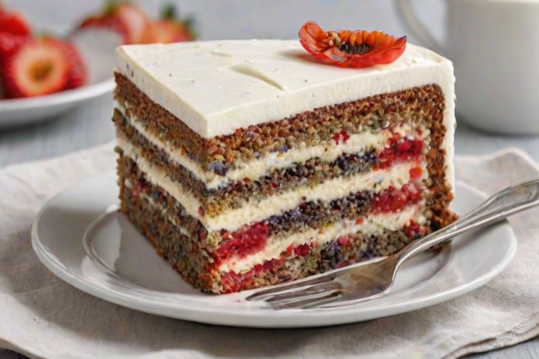 Generate an image of a slice of multi-layered cake on a white plate. The cake has distinct layers with different colors and textures, including a creamy white frosting on the outside. There should be visible layers of poppy seed and fruit filling, with a fork resting beside the slice. The background should be light and simple to emphasize the cake.