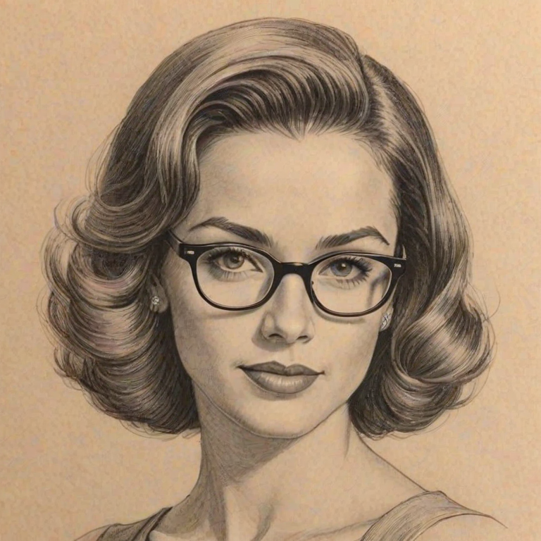 Magnificent Freddie Prinze Jr., pencil sketch, portrait of Charming woman 1948s in glasses, hair style beatnik, outline, clear lines, fine lines, 8k