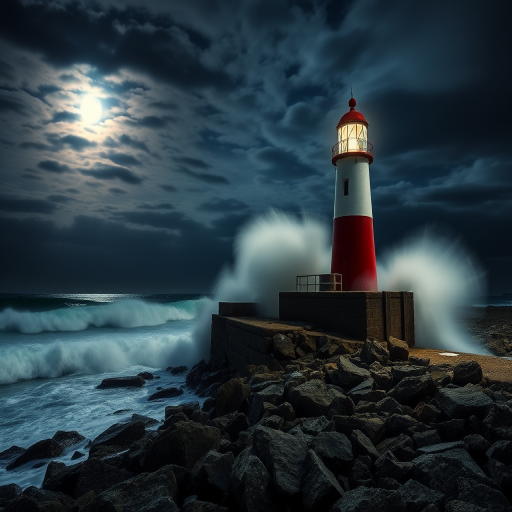 Create a high-resolution image of a lighthouse on a rocky shore during a stormy night with dramatic waves crashing, under a cloudy sky illuminated by moonlight, using a DSLR camera with a 24mm lens, f/8 aperture, ISO 100, and a long exposure to capture motion.