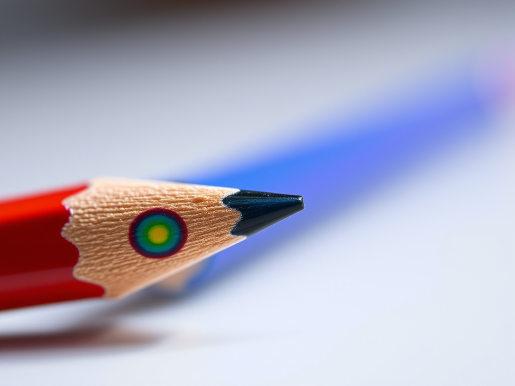 Create an image of a vibrant pencil with a colorful bokeh design on its body, shot at a close-up angle, using a DSLR camera with a 50mm lens at f/1.8, ISO 100, and a shutter speed of 1/200s for enhanced sharpness and depth of field.