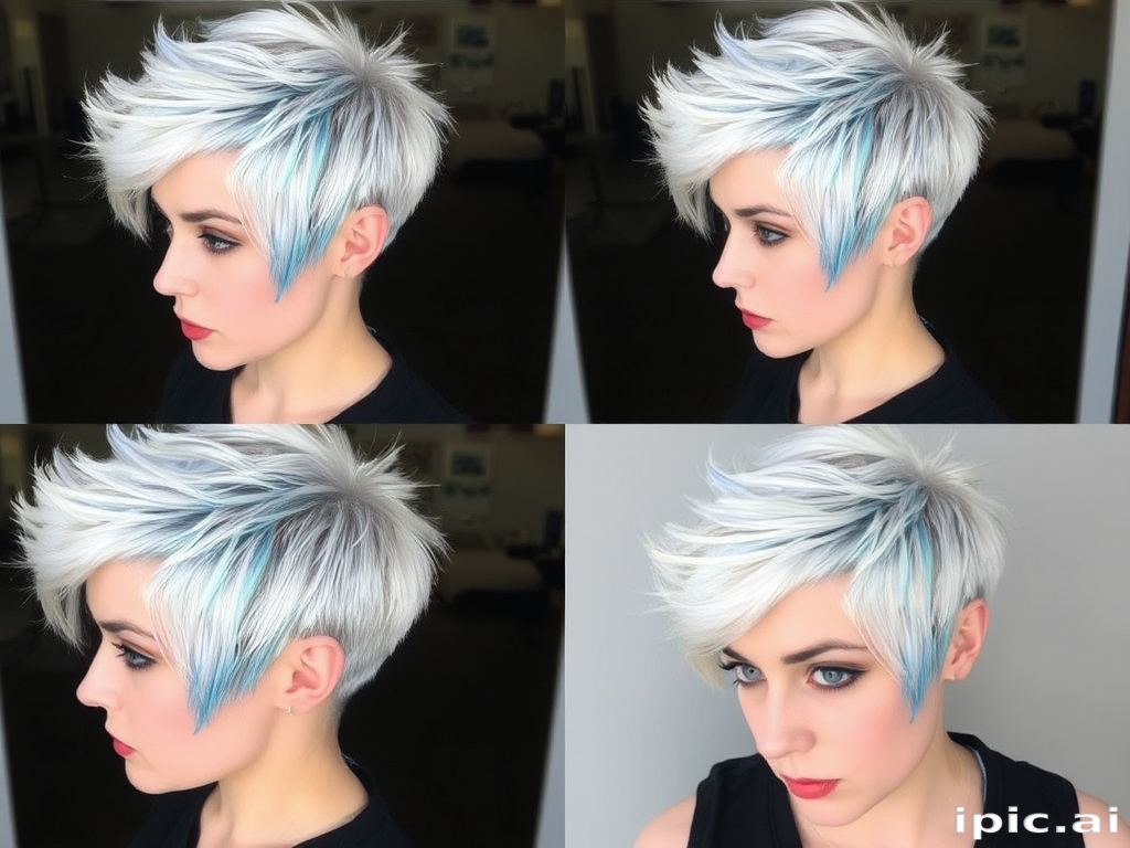 Striking platinum pixie cut with edgy blue highlights, the "Arctic Frost" look showcases sharp angles and a rebellious spirit, perfect for a confident trendsetter