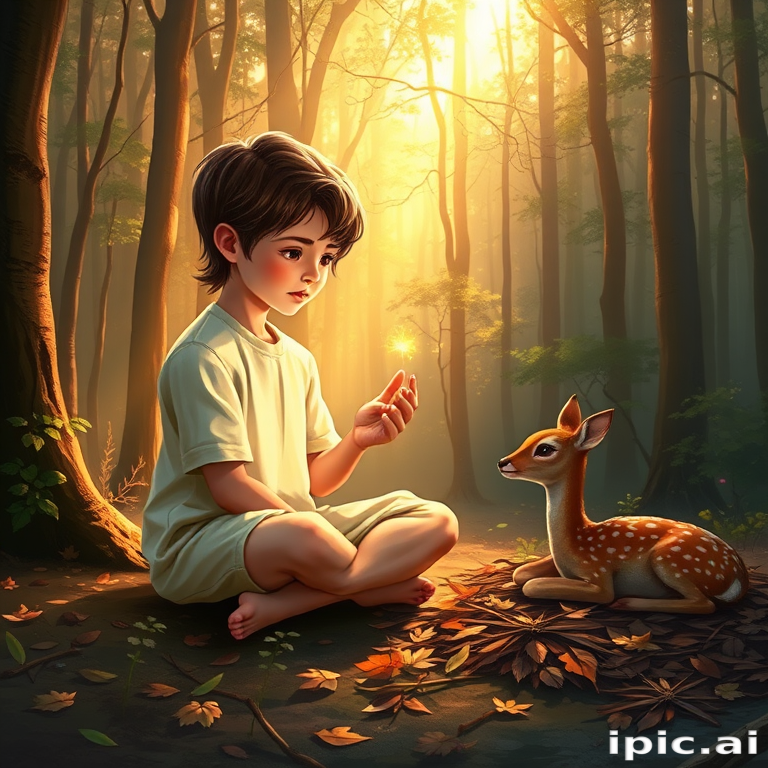 A luminous digital painting of a serene forest scene featuring a barefoot young boy, about 7 years old, with brown hair and fair skin, dressed in a simple white outfit. He sits cross-legged on the forest floor, gazing at a small, glowing, magical firefly in his hand. Beside him, a delicate spotted deer lies calmly on a bed of dried leaves, observing the scene. The dense forest is bathed in warm, golden light filtering through the trees, creating a peaceful, magical atmosphere with a blend of natural and mystical elements.