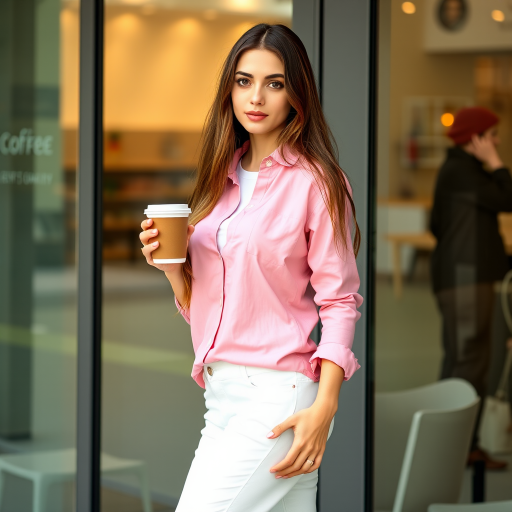 A young woman with long brown hair stands with her back against a glass door, wearing a pink button-down shirt over a white T-shirt and white pants, holding a cup of coffee in her right hand. The woman is looking directly at the viewer, her expression is neutral. Her right hand is tucked into the pocket of her pants while her left hand holds the coffee cup. The lighting is soft and natural, highlighting her features. The background is blurred, with the focus on the woman. The photo is taken from a slightly elevated perspective, showcasing the woman's full figure.