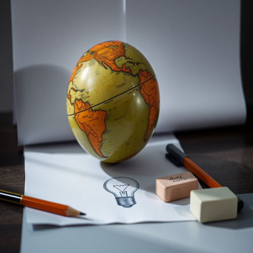 Create a still life composition featuring a detailed globe resting on a piece of paper, with a lightbulb sketch, a pencil, and an eraser, using a Canon EOS R5, 50mm lens, f/1.8 aperture, ISO 100, 1/125 sec exposure, soft natural lighting from one side for enhanced shadows and depth.