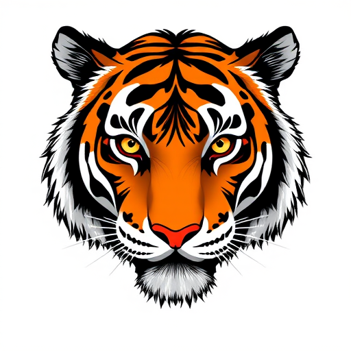 Create a high-resolution digital illustration of a stylized tiger head with vibrant orange and black stripes, focused on sharp details and bright colors, captured with a Canon EOS R5, using a 50mm lens at f/1.8, in a well-lit studio setting with a clean white background.