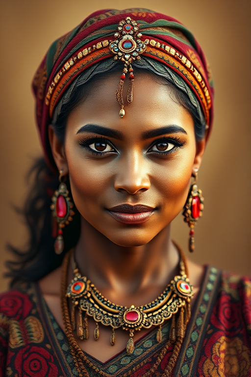 Create a portrait of a beautiful Tongan woman with striking black eyes and a gentle expression. She is adorned in traditional attire with intricate patterns, including a richly embroidered headscarf and matching garments. Her jewelry includes a delicate headpiece, dangling earrings, and ornate bracelets, all featuring vibrant gemstones and detailed metalwork. The background is soft and warm, enhancing the rich colors of her outfit and jewelry.