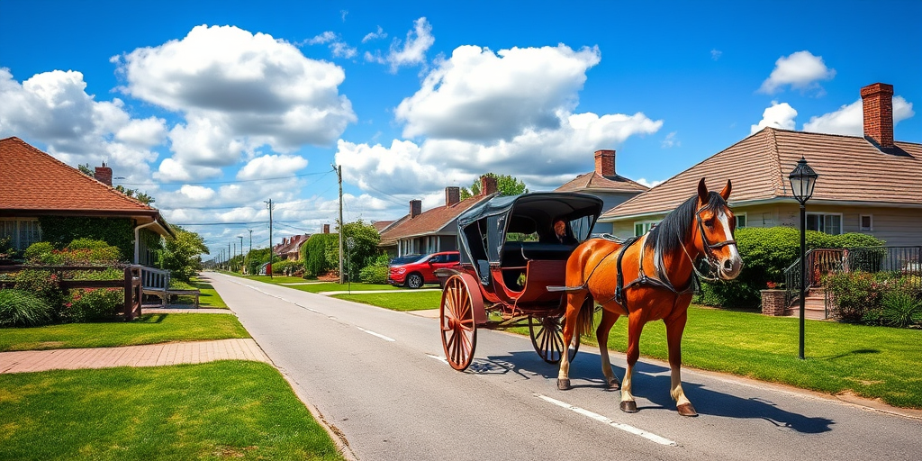 Create a vibrant street scene featuring a horse-drawn carriage on a picturesque path lined with houses, with a clear blue sky and fluffy clouds overhead, using a DSLR camera at 50mm, aperture f/8, ISO 100, and shot in landscape orientation to capture depth and detail.