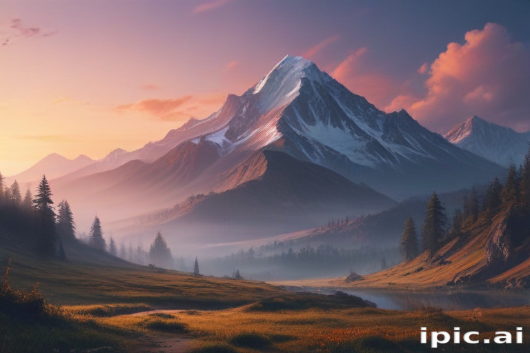 Majestic Mountain Landscape at Sunset with Lush Greenery and Serene Waters.