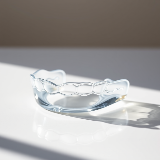 Generate a high-resolution image of a transparent dental mouthguard on a clean backdrop, using a Canon EOS R5 camera, 50mm lens, f/2.8 aperture, ISO 100, and natural lighting to enhance clarity and detail.