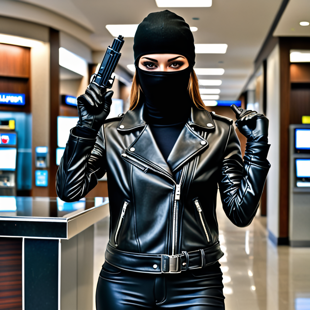 Free Ai Image Generator - High Quality and 100% Unique Images -  —  Bank robbery by a woman, leather jacket, black leather gloves, ski-mask,  standing in a bank lobby pointing a pistol.