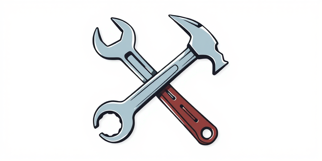 Create a high-resolution illustration of a wrench and hammer crossing each other, using a Canon EOS 5D Mark IV with a 50mm f/1.8 lens, at ISO 100, aperture f/5.6, in soft natural lighting for a clean and vibrant look.