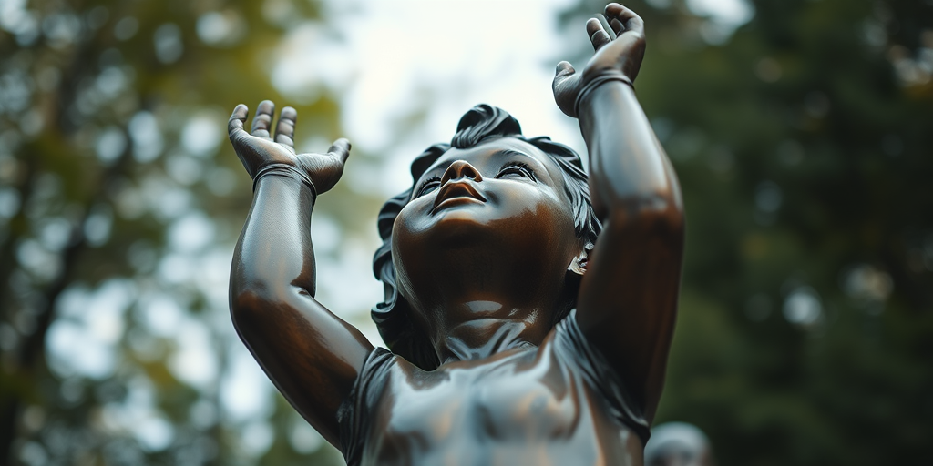high-resolution image of a bronze statue of a child reaching upwards, captured with a Canon EOS 5D Mark IV, 50mm lens, aperture f/1.8, ISO 100, soft natural lighting, slight bokeh background, shot from a low angle for an upward perspective