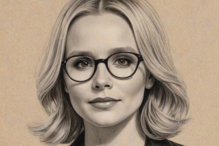 Bewitching Kristen Bell, pencil sketch, portrait of Fascinating woman 1933s in glasses, hair style beatnik, outline, clear lines, fine lines, 8k